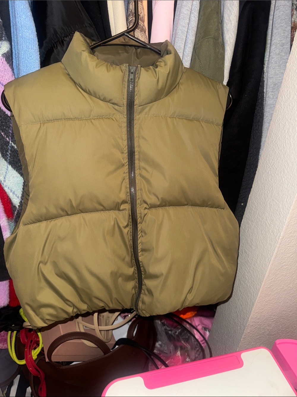 Olive Green Puffer Vest - Sleeveless Zip Front